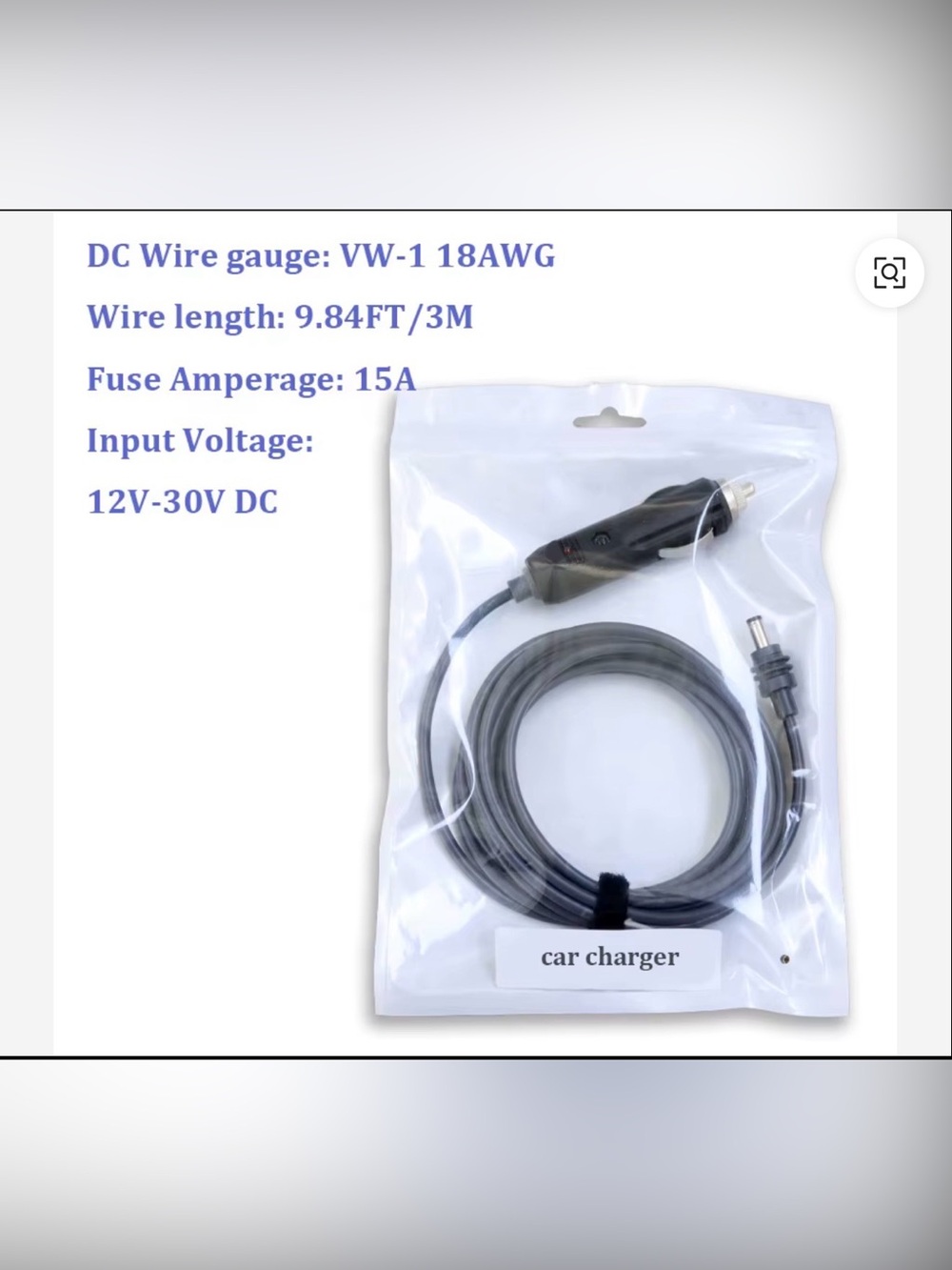 Black Car DC Charger Cable with 3M Lead and 15A Fuse